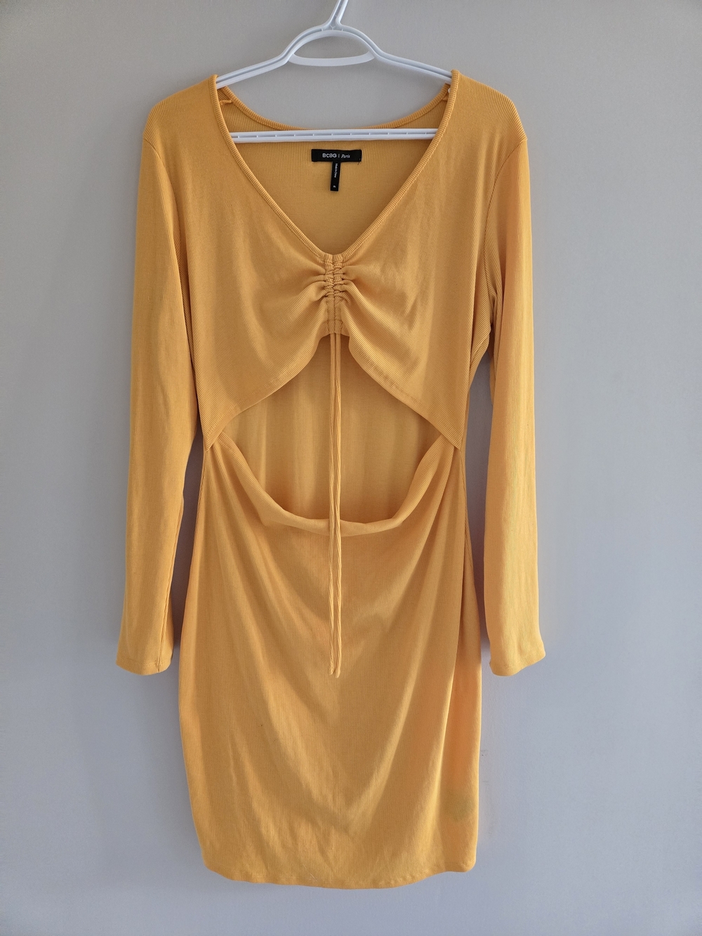 BCBG Mustard Yellow Long-Sleeve Ruched Cutout Dress